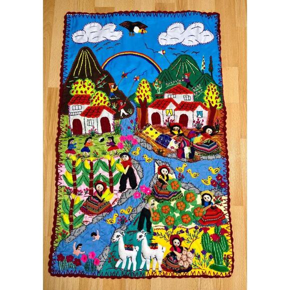 Other - Handmade Peruvian Arpillera Wall Hanging Quilt 3D Folk Art Village Scene Decor